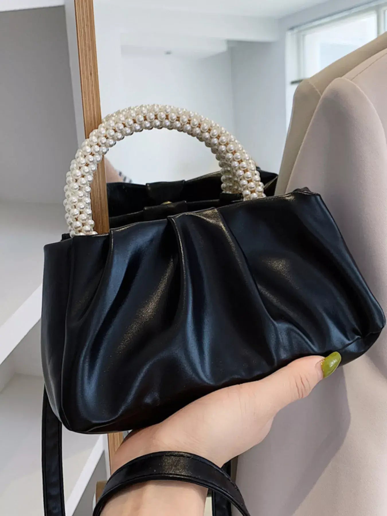 Pearl Handle Ruched Crossbody Bag - Trendsi - Flyclothing LLC