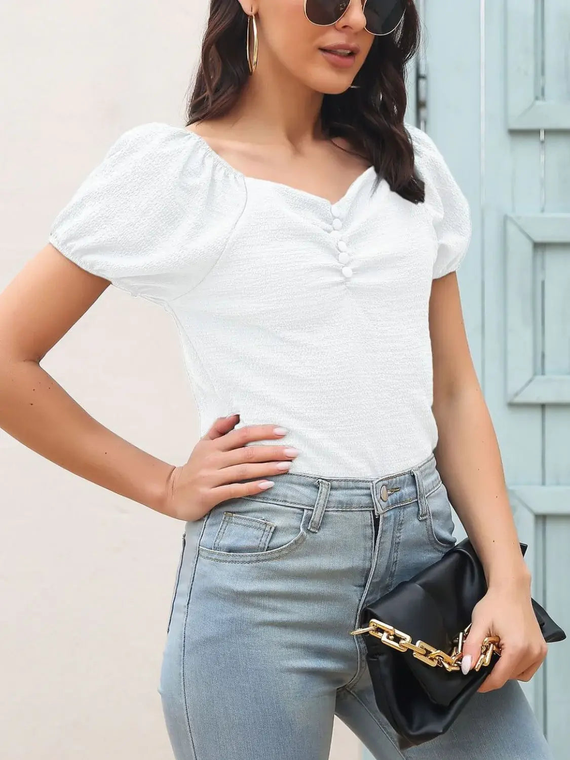 Ruched Decor Button V-Neck Short Sleeve Blouse - Trendsi - Flyclothing LLC