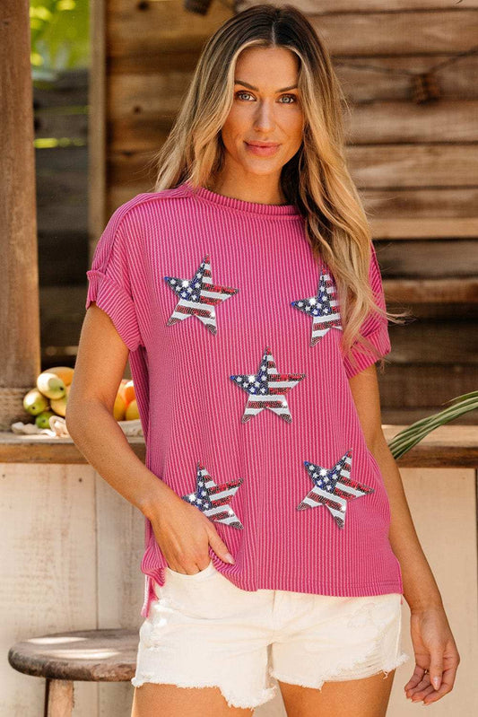 Exposed Seam Star Round Neck Short Sleeve Top - Trendsi - Flyclothing LLC