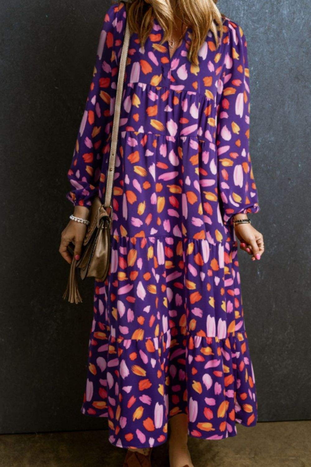 Printed Notched Long Sleeve Dress - Trendsi - Flyclothing LLC