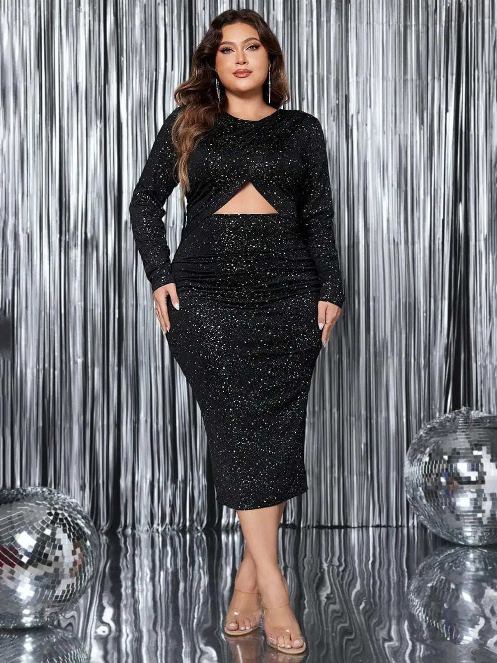 Plus Size Cutout Slit Round Neck Long Sleeve Dress - Trendsi - Flyclothing LLC