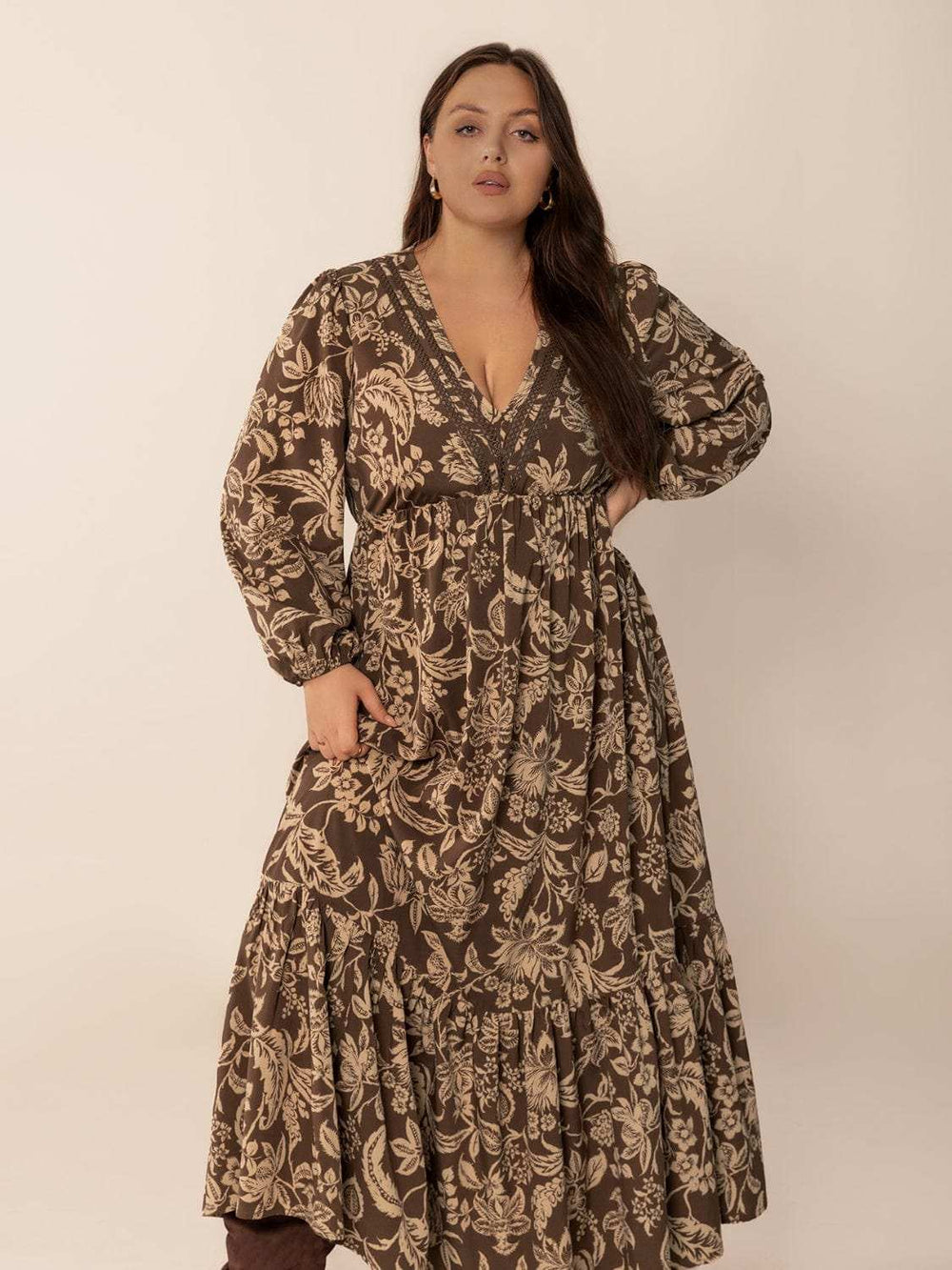 Plus Size Printed V-Neck Balloon Sleeve Maxi Dress - Trendsi - Flyclothing LLC