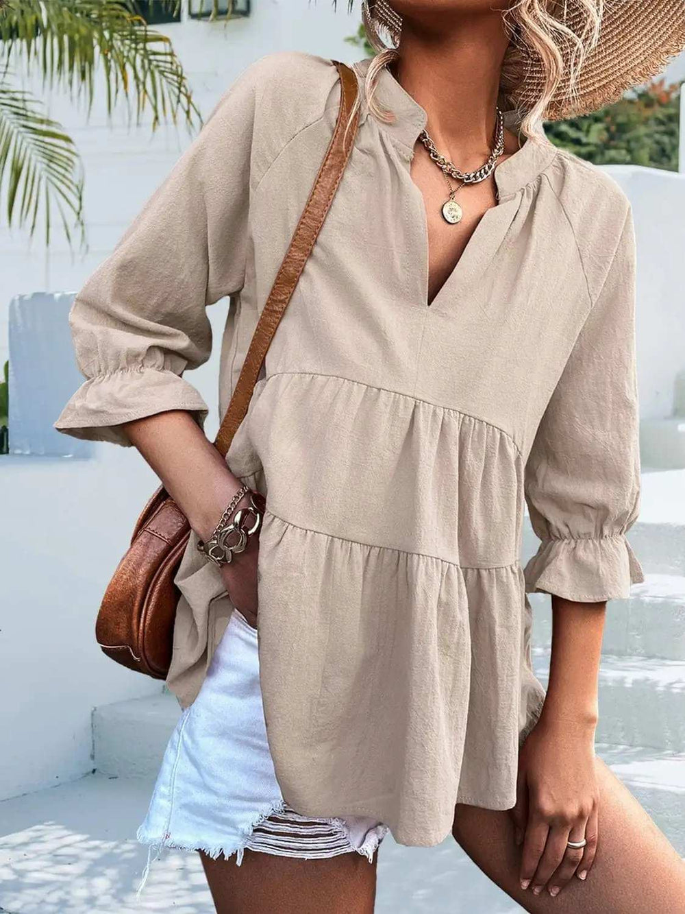 Ruffled Notched Three-Quarter Sleeve Blouse - Trendsi - Flyclothing LLC