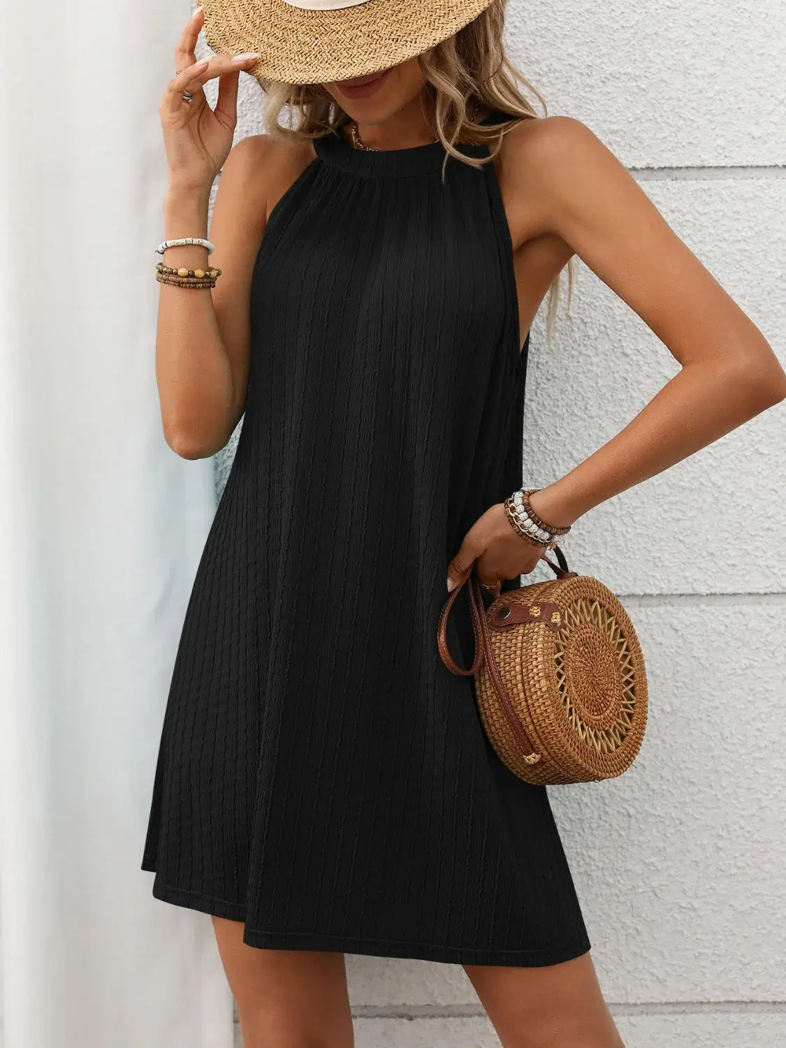 Textured Grecian Neck Mini Dress - Trendsi - Flyclothing LLC