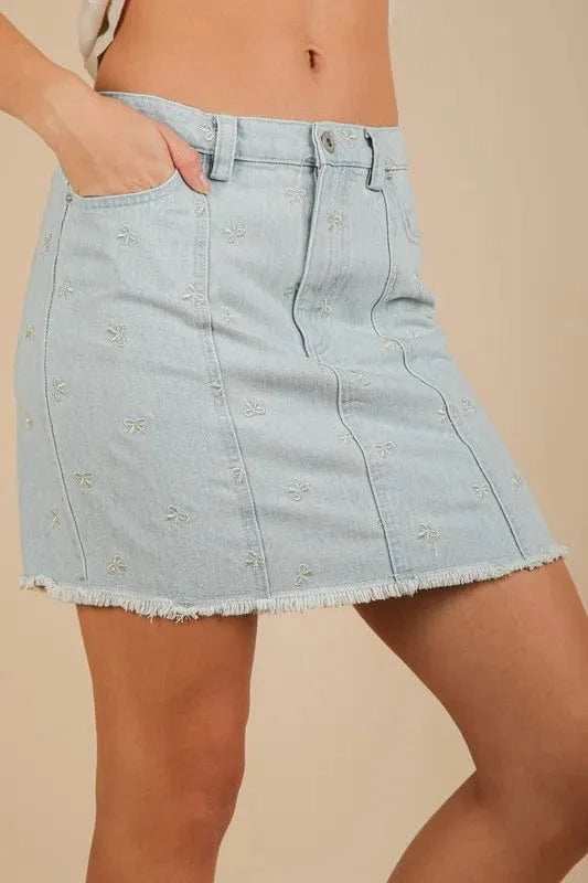 VERY J Bow Printed Casual Denim Mini Skirt - Trendsi - Flyclothing LLC