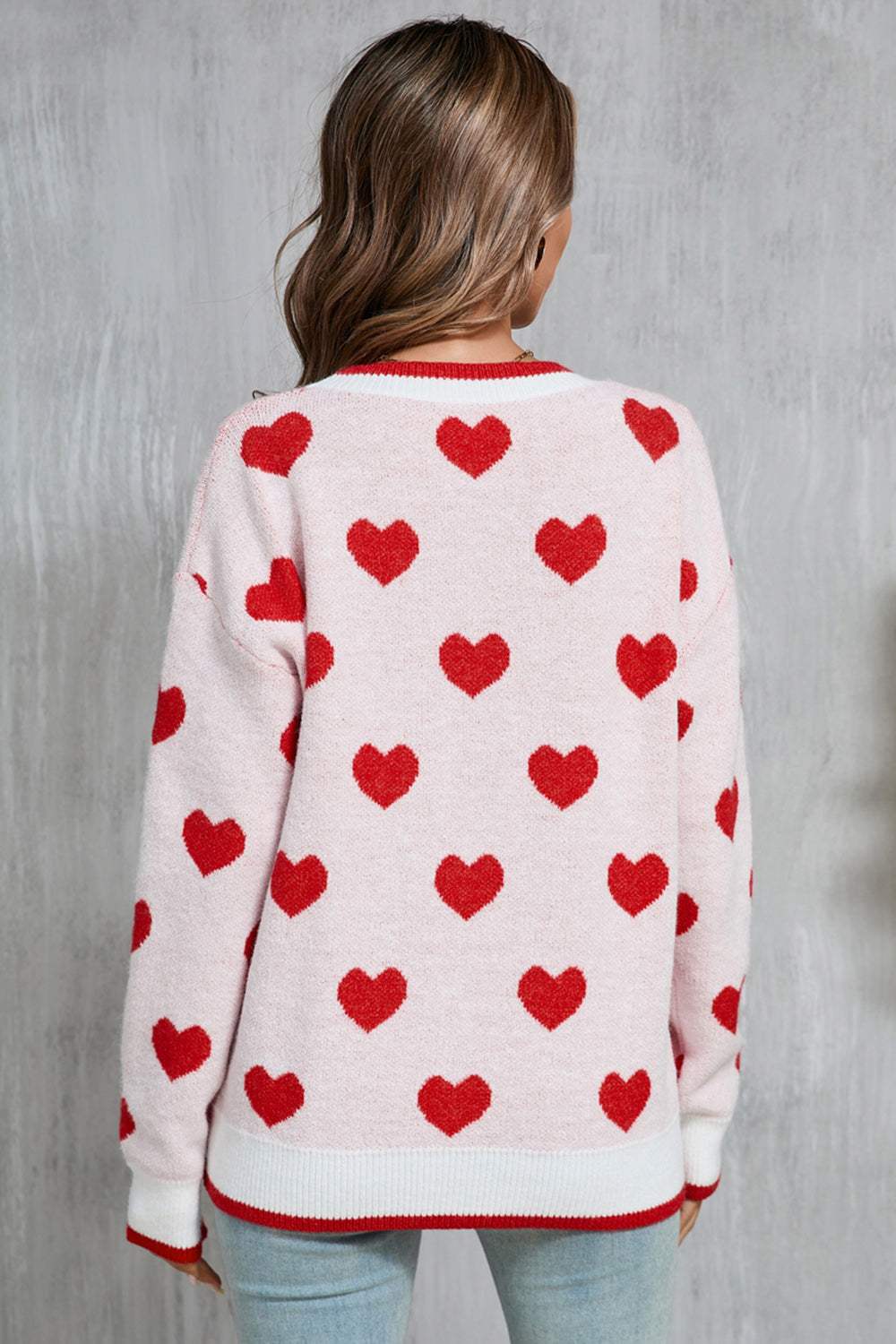 Angel Wings Contrast Trim Heart Round Neck Sweater - Trendsi - Flyclothing LLC