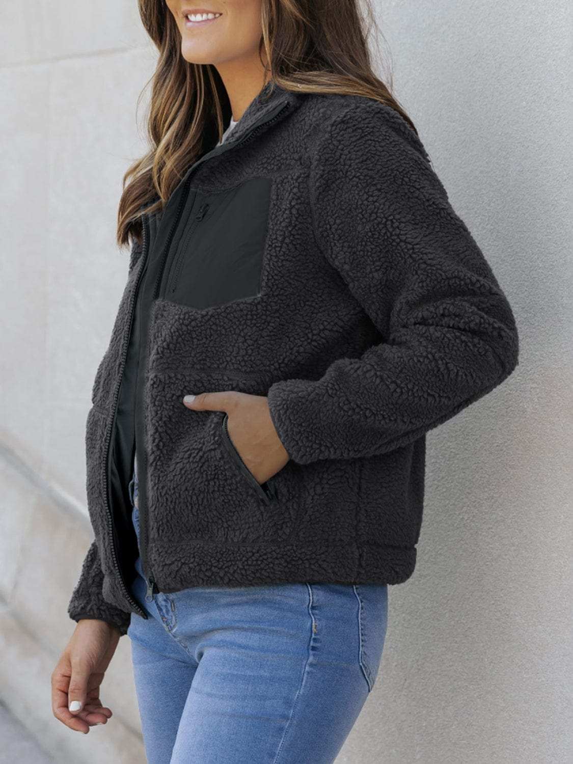 Zip Up Long Sleeve Plush Jacket - Trendsi - Flyclothing LLC