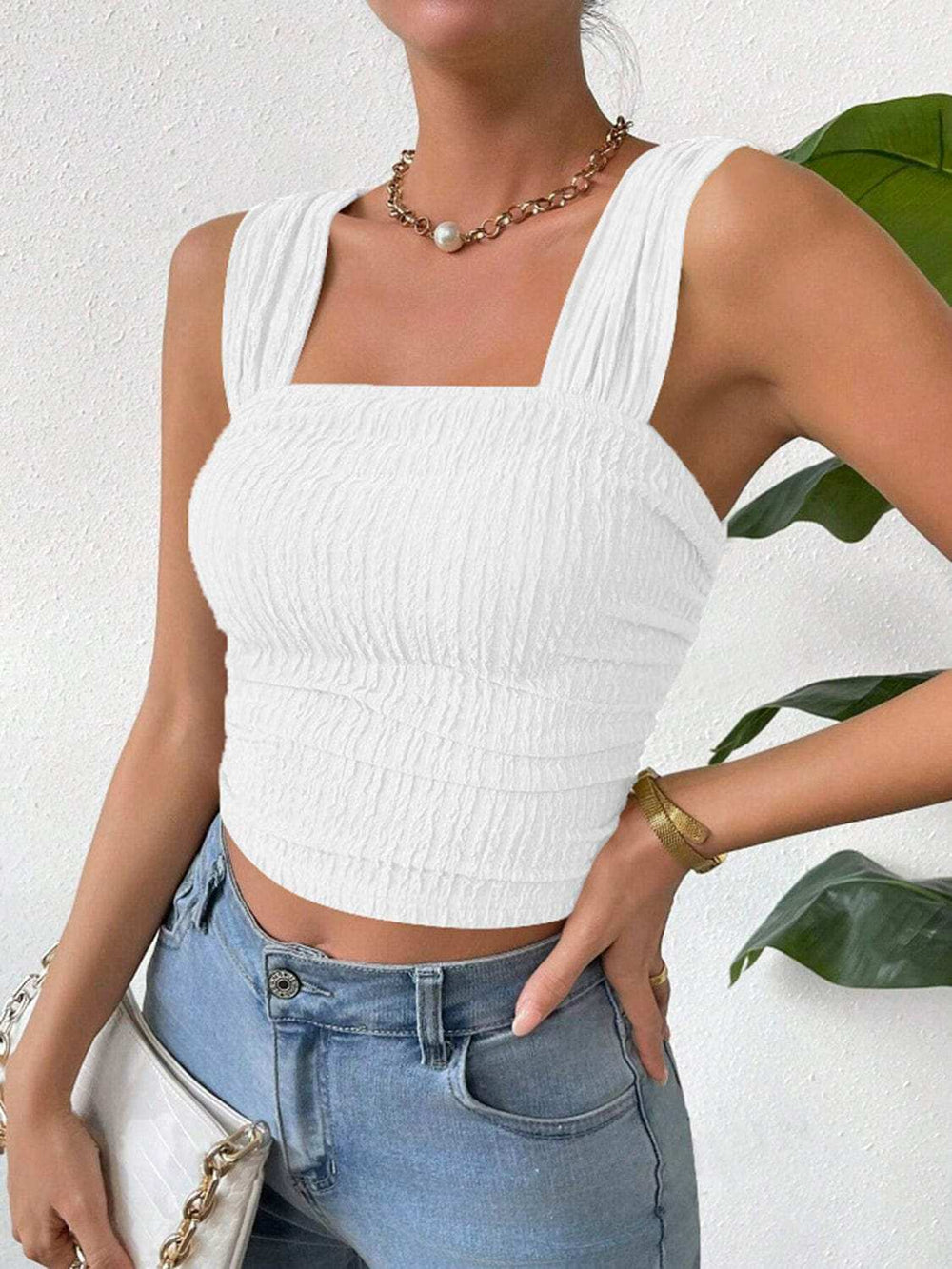 Textured Square Neck Wide Strap Tank - Trendsi - Flyclothing LLC