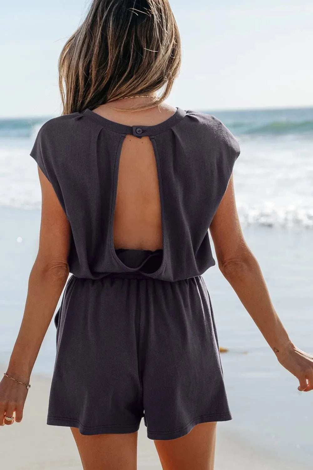 Knit Open Back Cap Sleeve Drawstring Romper - Trendsi - Flyclothing LLC