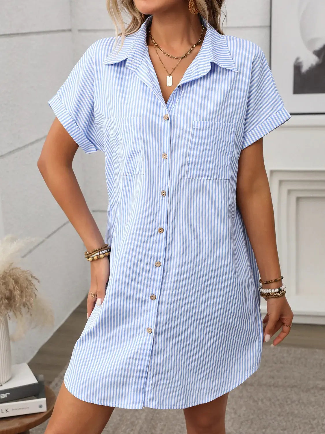Striped Button Down Short Sleeve Mini Dress - Trendsi - Flyclothing LLC
