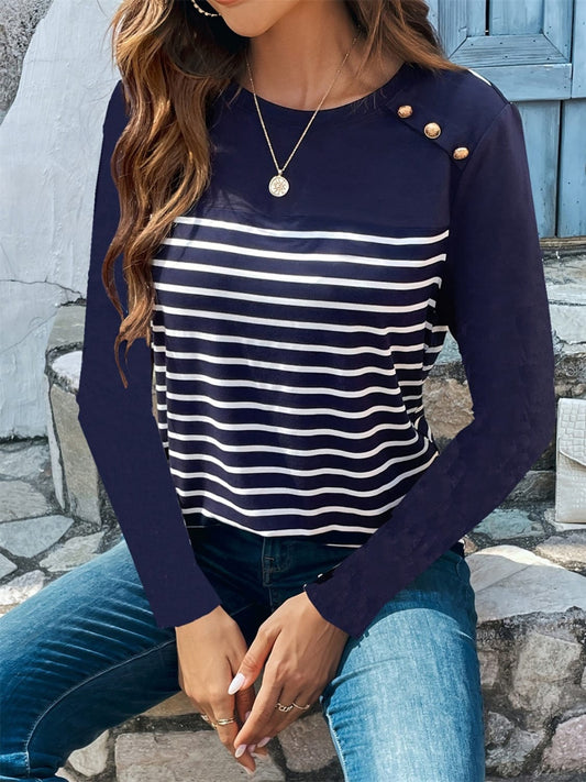 Decorative Button Striped Round Neck Long Sleeve T-Shirt - Trendsi