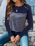 Decorative Button Striped Round Neck Long Sleeve T-Shirt - Trendsi