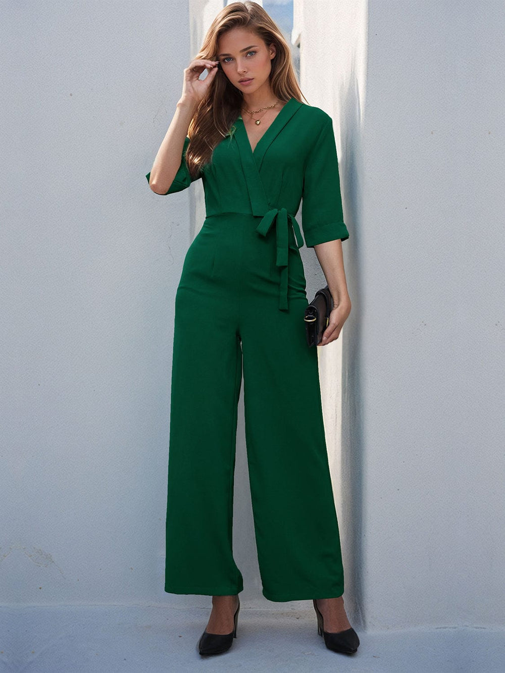 Surplice Half Sleeve Wide Leg Jumpsuit - Trendsi