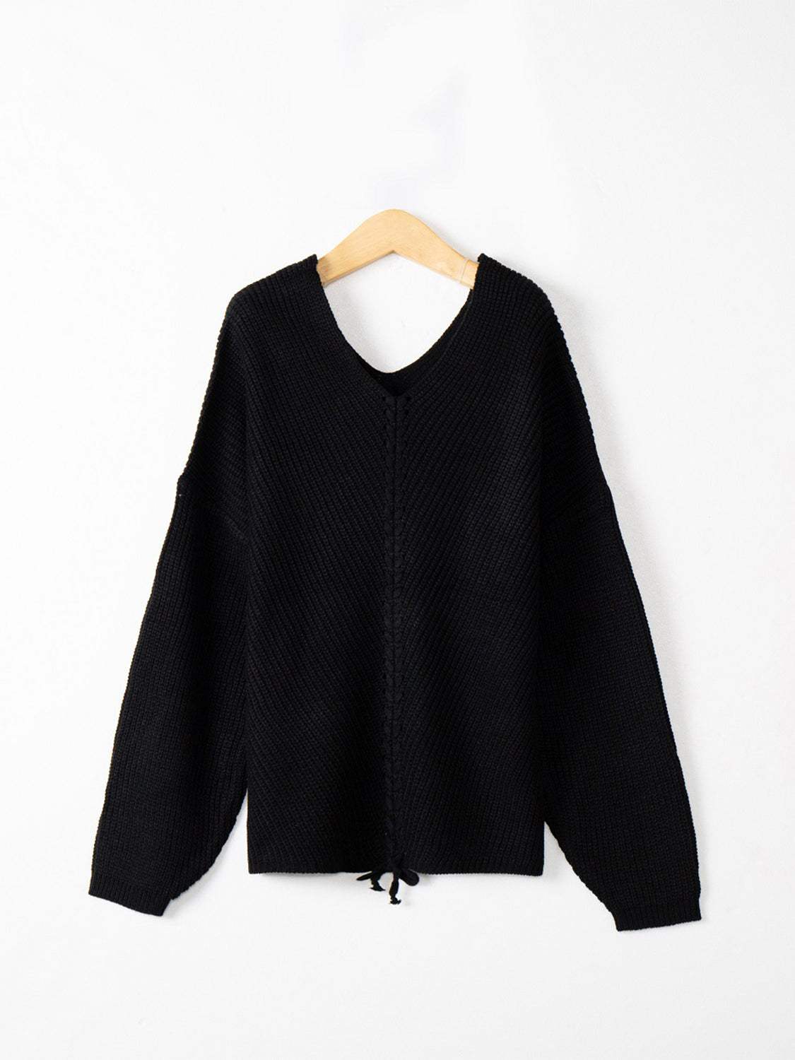Full Size Lace Up V-Neck Long Sleeve Sweater - Trendsi - Flyclothing LLC