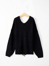 Full Size Lace Up V-Neck Long Sleeve Sweater - Trendsi - Flyclothing LLC