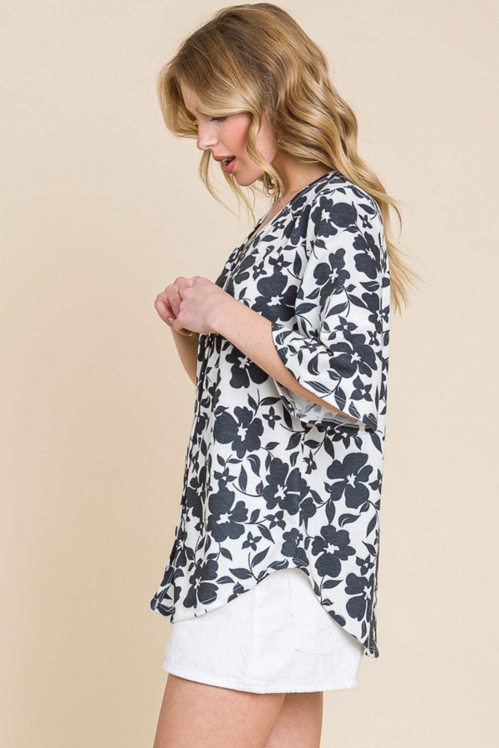 BOMBOM Floral Decorative Button V-Neck Top - Trendsi - Flyclothing LLC