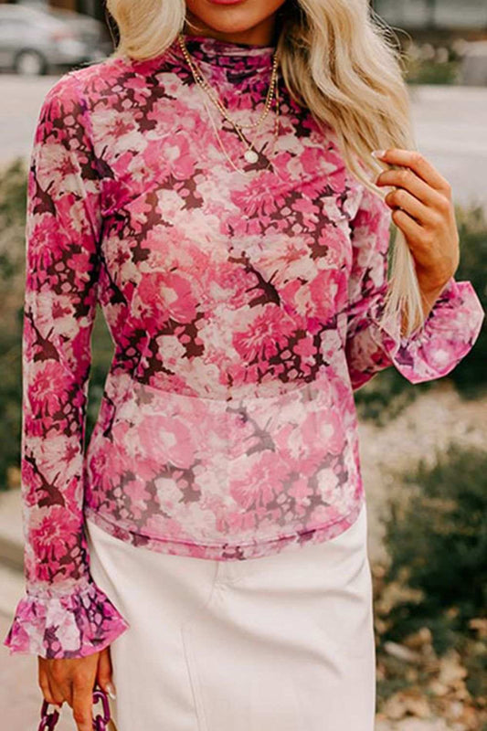 Floral Turtleneck Flounce Sleeve Blouse - Trendsi - Flyclothing LLC