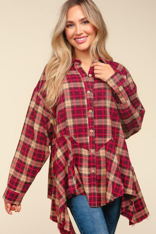 Haptics Plaid Button Down Sharkbite Shirt - Trendsi