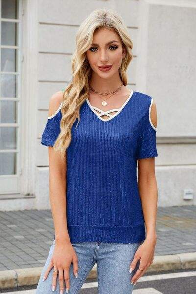 Sequin Cold Shoulder Short Sleeve Blouse - Trendsi - Flyclothing LLC