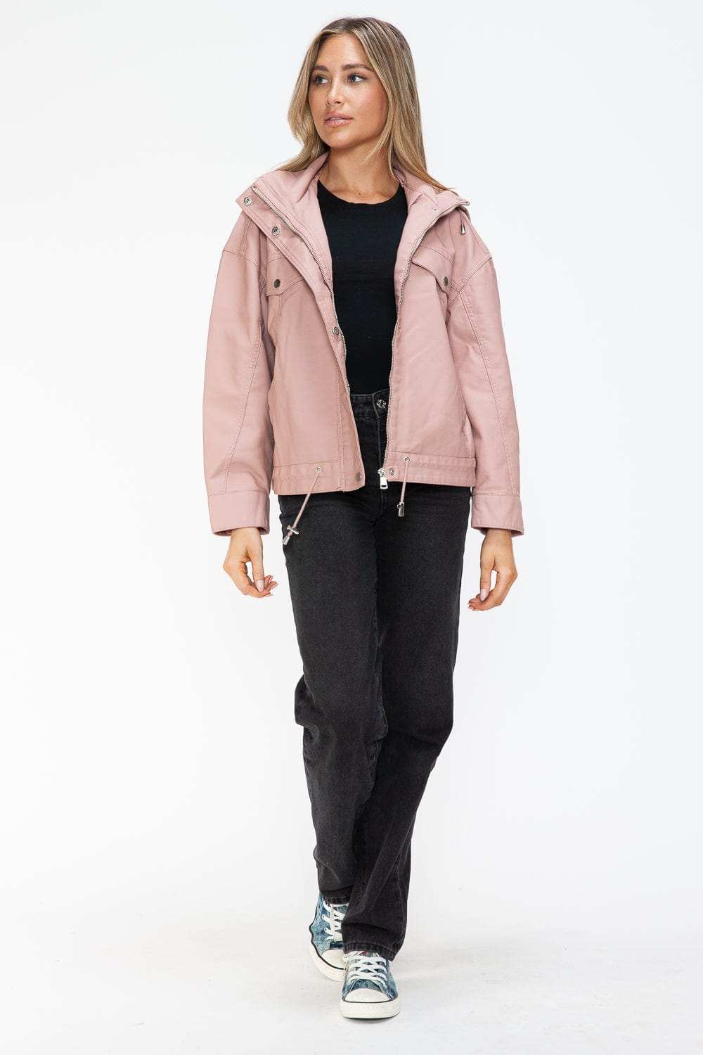 How Dare U Drawstring Hem PU Leather Zip Up Jacket - Trendsi - Flyclothing LLC
