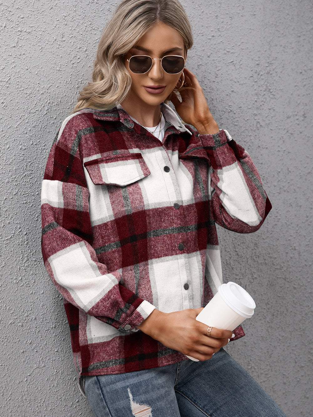Ivy Lane Plaid Long Sleeve Shirt Jacket - Trendsi - Flyclothing LLC