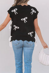 Bow Side Ties Scalloped Hem Cap Sleeve Sweater - Trendsi - Flyclothing LLC