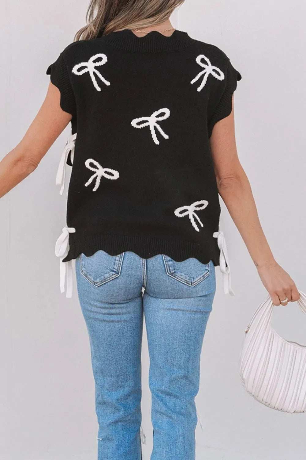 Bow Side Ties Scalloped Hem Cap Sleeve Sweater - Trendsi - Flyclothing LLC