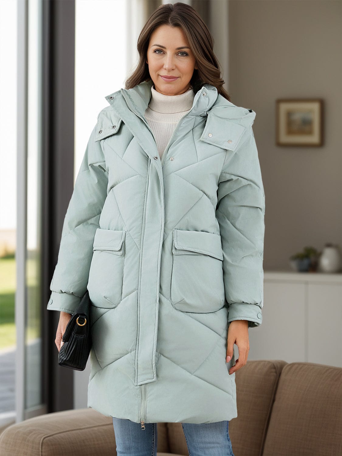 Long Sleeve Longline Hooded Winter Coat with Pockets - Trendsi