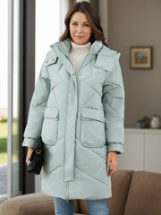 Long Sleeve Longline Hooded Winter Coat with Pockets - Trendsi