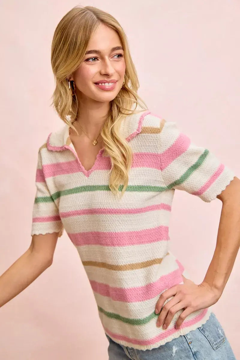BiBi Multi Colors Stripes Collared Knit Top - Trendsi - Flyclothing LLC