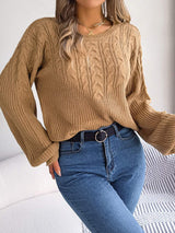 Cable-Knit Round Neck Drop Shoulder Sweater - Trendsi - Flyclothing LLC