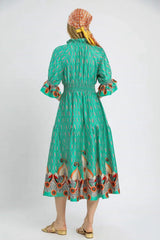 Umgee Printed Smocked Waist Flounce Sleeve Midi Dress - Trendsi - Flyclothing LLC