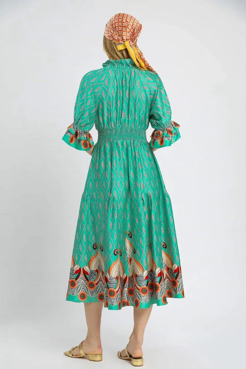 Umgee Printed Smocked Waist Flounce Sleeve Midi Dress - Trendsi - Flyclothing LLC