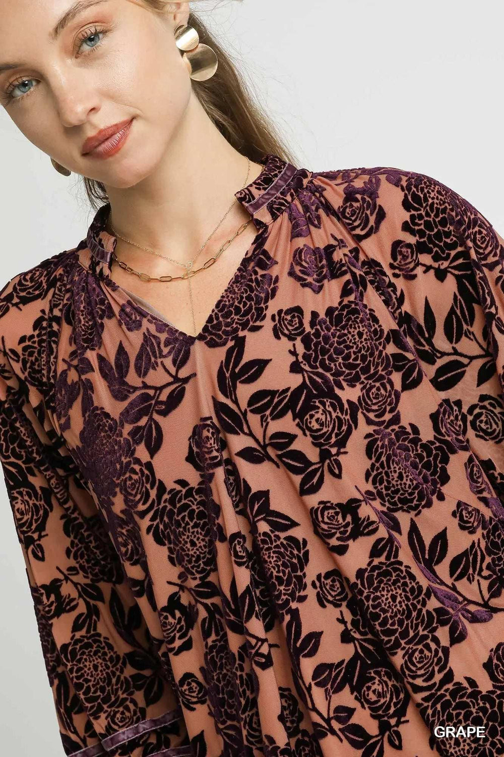 Umgee Floral Velvet Blouse with Balloon Sleeves - Trendsi - Flyclothing LLC