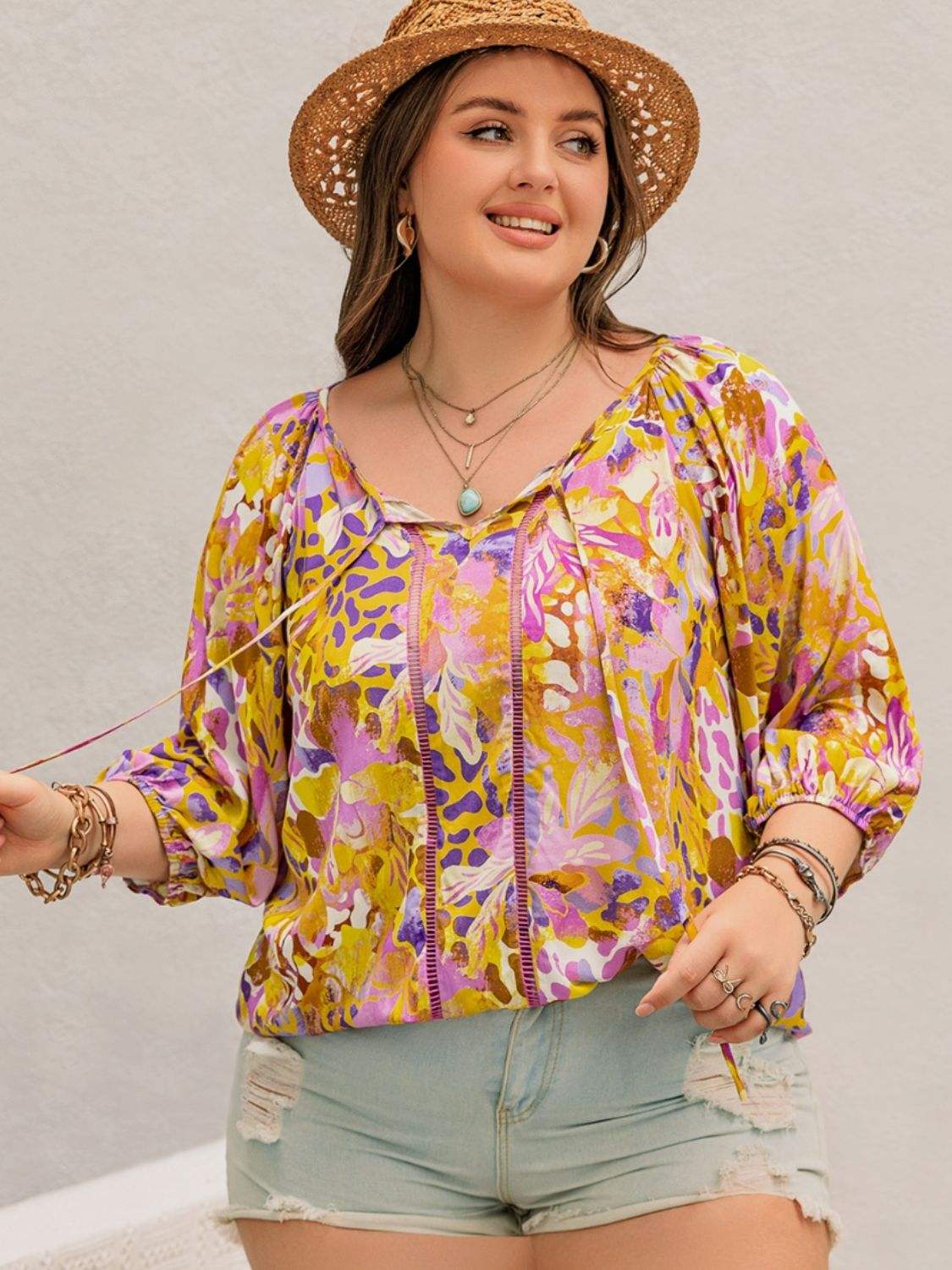 Plus Size Printed Tie Neck Blouse - Trendsi - Flyclothing LLC