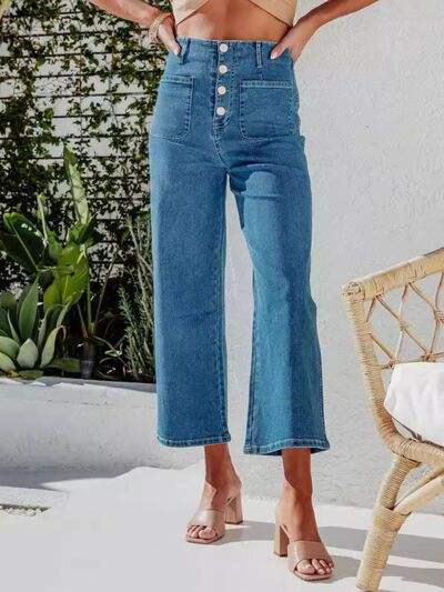 Button Fly Cropped Jeans with Pockets - Trendsi - Flyclothing LLC