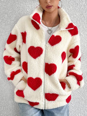 Heart Zip Up Drop Shoulder Furry Jacket - Trendsi