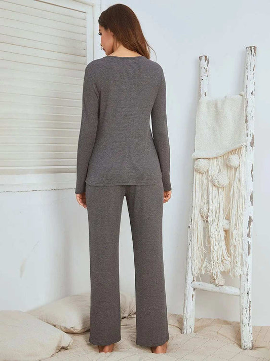 Notched Long Sleeve Top and Pants Set - Trendsi - Flyclothing LLC