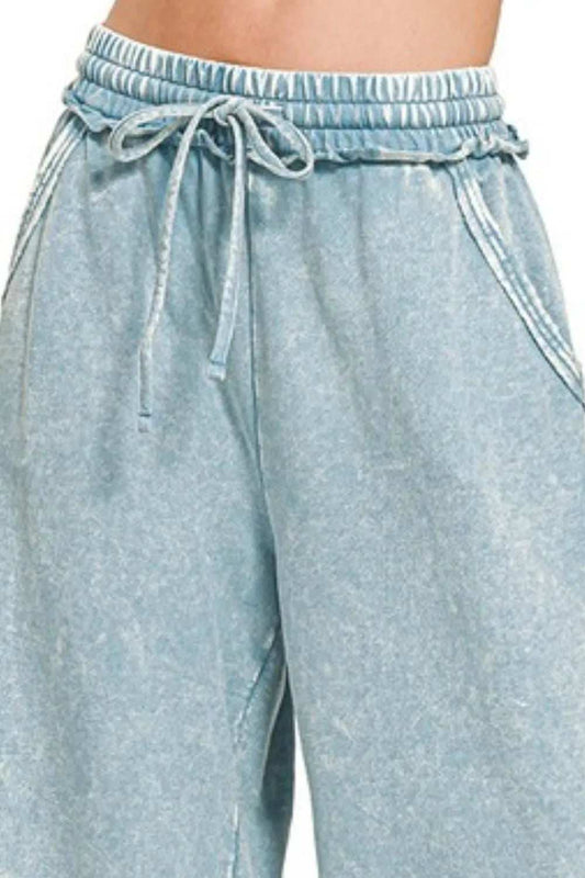 Zenana Washed French Terry Palazzo With Pockets - Trendsi - Flyclothing LLC
