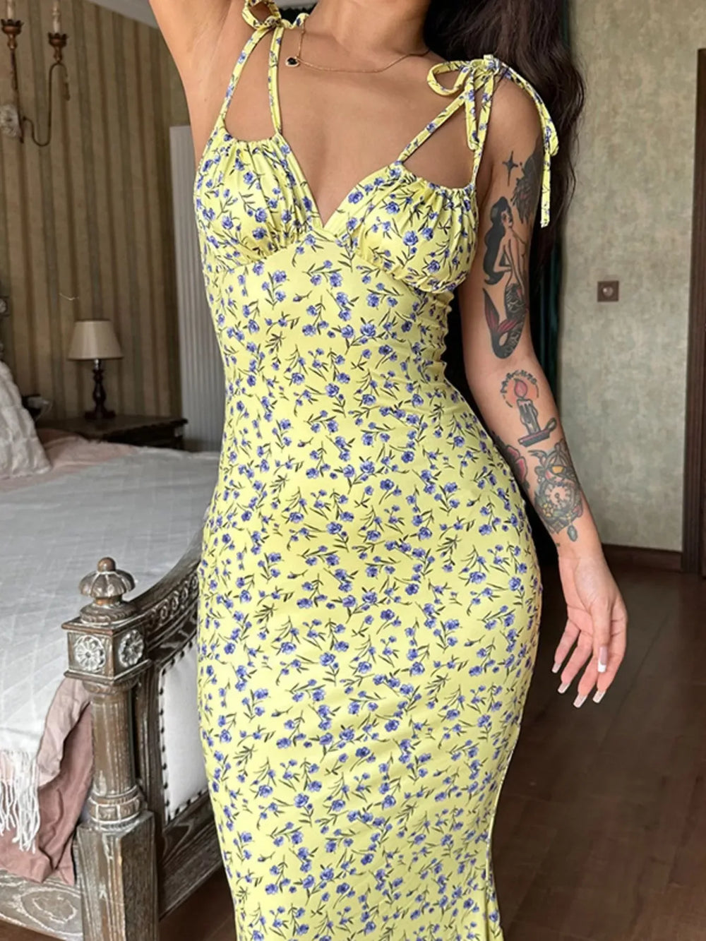 Floral Print Tie Strap Bodycon Maxi Dress - Trendsi - Flyclothing LLC
