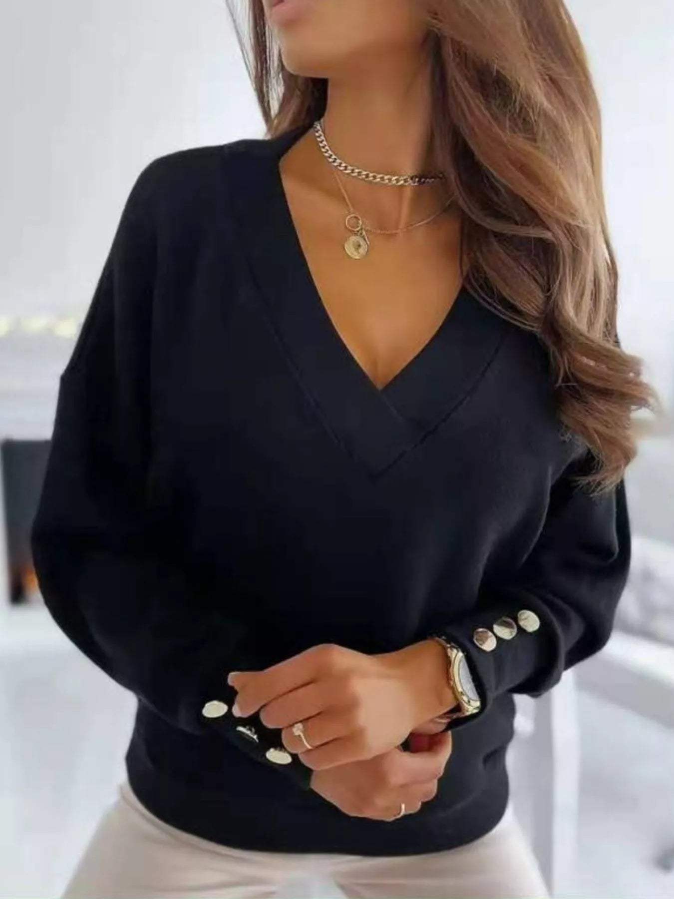 V-Neck Button Cuff Top - Trendsi - Flyclothing LLC
