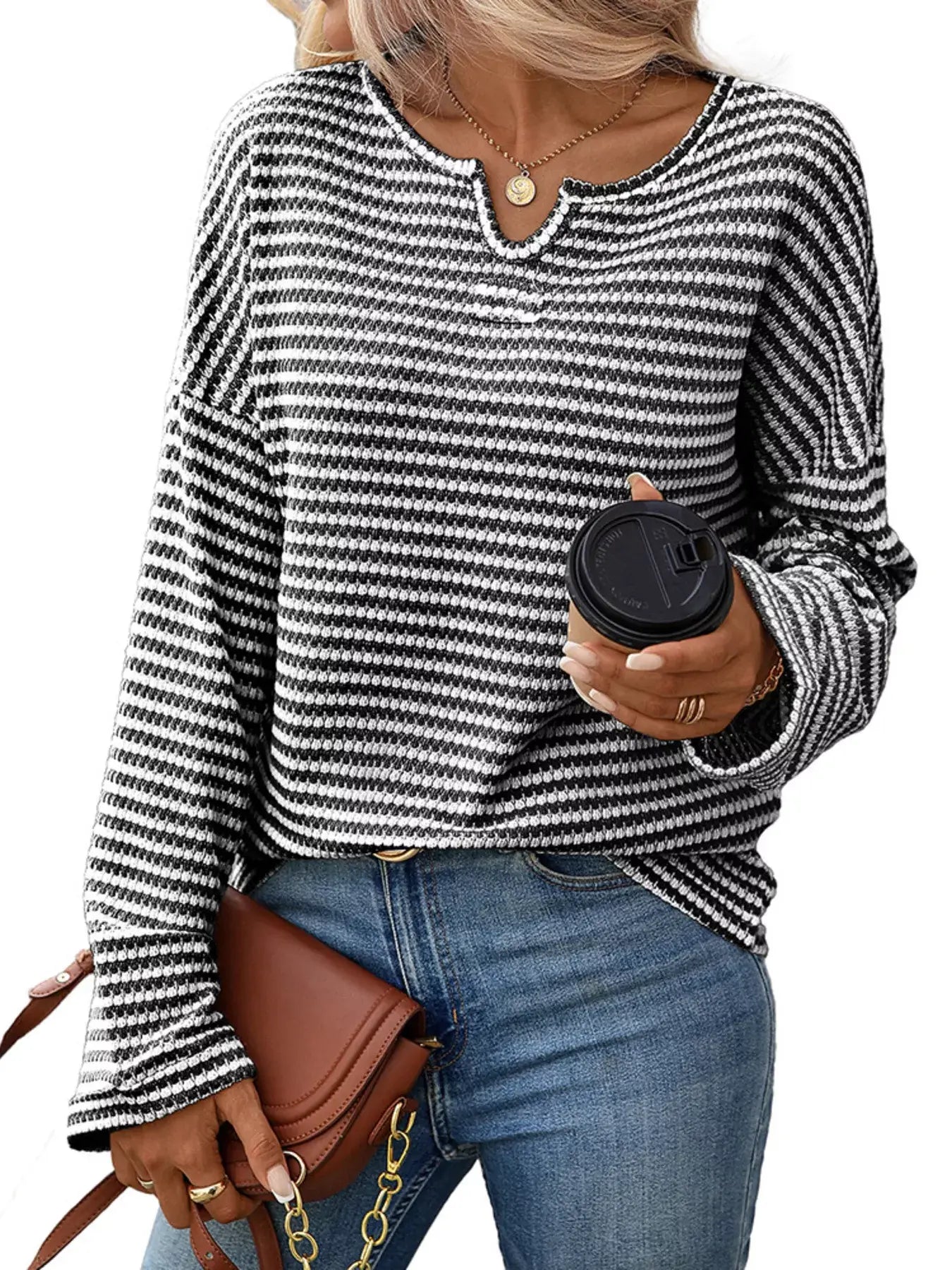 Striped Notched Long Sleeve T-Shirt - Trendsi - Flyclothing LLC