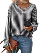 Striped Notched Long Sleeve T-Shirt - Trendsi - Flyclothing LLC