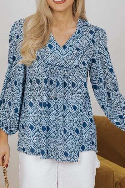 Geometric Print Frilled Notched Blouse - Trendsi - Flyclothing LLC