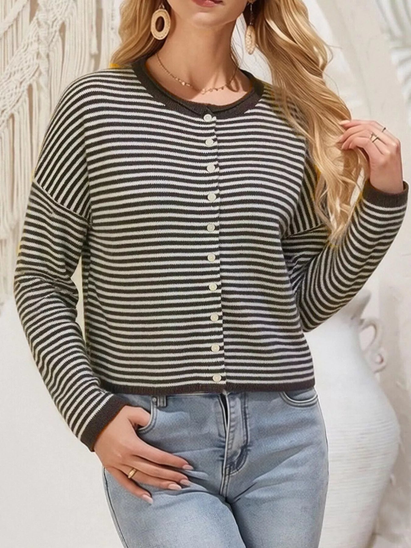 Button-Down Striped Knit Cardigan - Trendsi - Flyclothing LLC