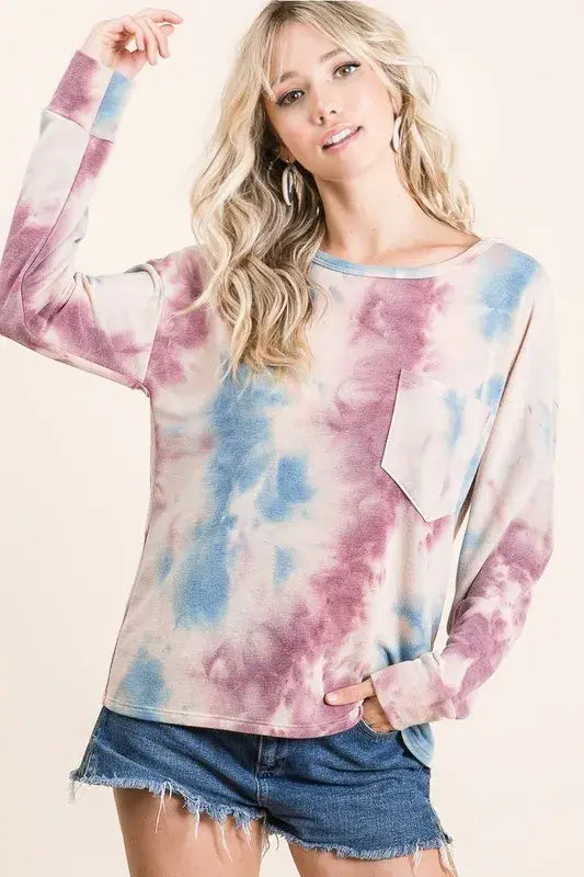 BiBi Tie Dye Print Terry Top With Front Patch Pocket - Trendsi - Flyclothing LLC