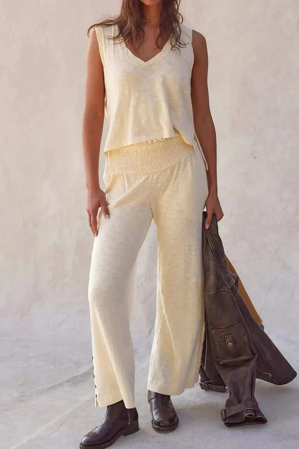 Solid Color Tank Top and Smocked Waist Pants Set - Trendsi - Flyclothing LLC