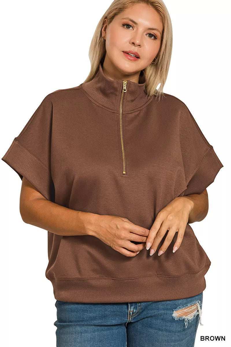 Zenana Full Size Scuba High Neck Half Zip Short Sleeve Top Plus Size - Trendsi - Flyclothing LLC