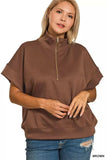Zenana Full Size Scuba High Neck Half Zip Short Sleeve Top Plus Size - Trendsi - Flyclothing LLC