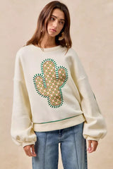 BiBi Cactus Embroidered Fleece Sweatshirt - Trendsi - Flyclothing LLC